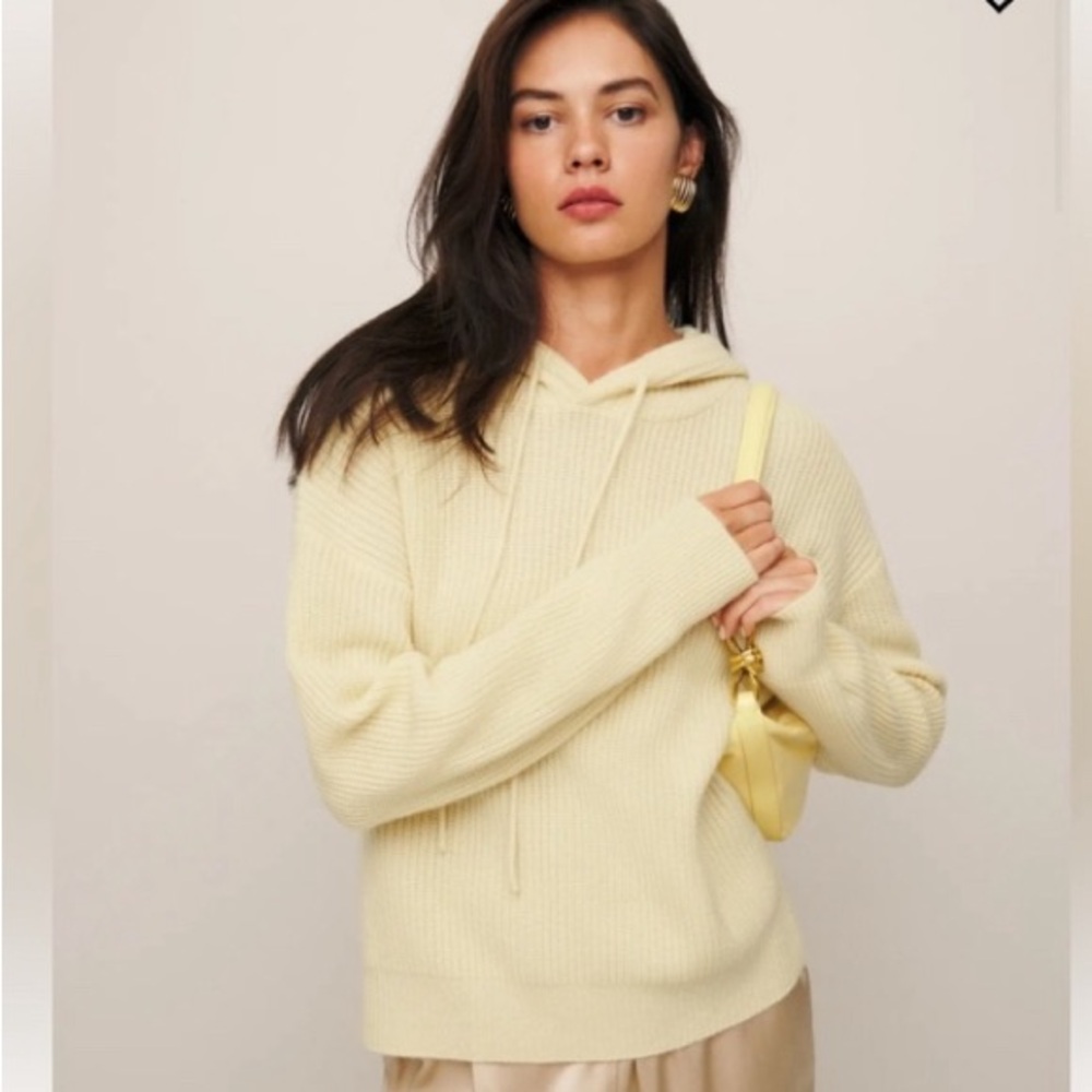Reformation Alexei Cashmere Hoodie Custard Color yellow ribbed sweater L Large